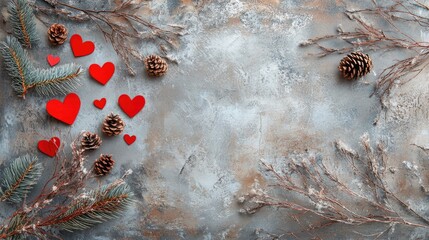 Aufkleber - Festive Winter Card Design Featuring Fir Branches Pine Cones and Red Hearts on Rustic Background With Copy Space for Custom Text