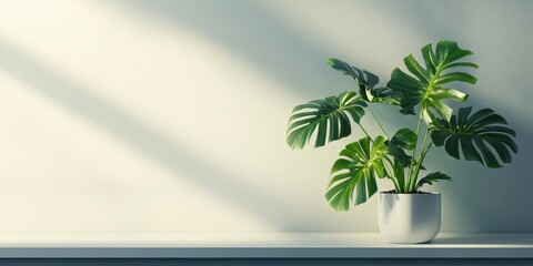 Poster - Elegant indoor plant with lush green leaves on windowsill enhancing calm ambiance with ample blank space for personalized text or message