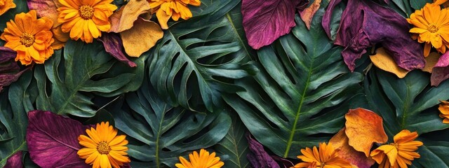 Aufkleber - Dried calendula petals and vibrant tropical leaves flat lay with blank space for creative text or design applications