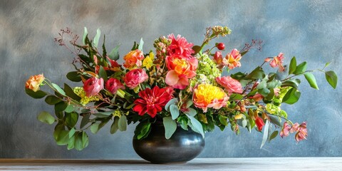 Poster - Vibrant floral arrangement in a dark vase featuring colorful flowers and lush greenery with ample empty space for design and text