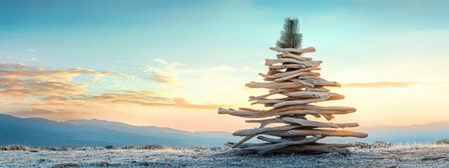 Aufkleber - Driftwood Christmas Tree in Scenic Landscape with Clear Sky and Space for Holiday Text or Messages