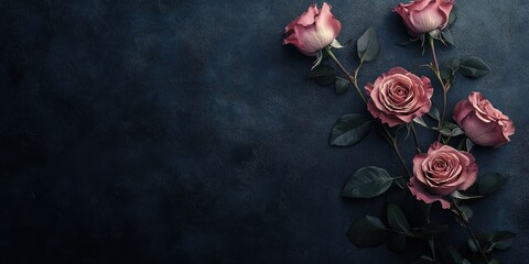 Aufkleber - Elegant overhead view of beautiful pink roses on a dark textured background with ample blank space for adding custom text or design elements