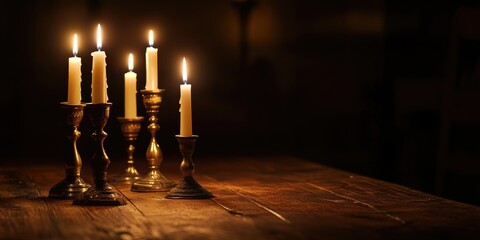 Poster - Elegant table setting with decorative candles creating a warm ambiance and inviting atmosphere for a dinner party or special occasion
