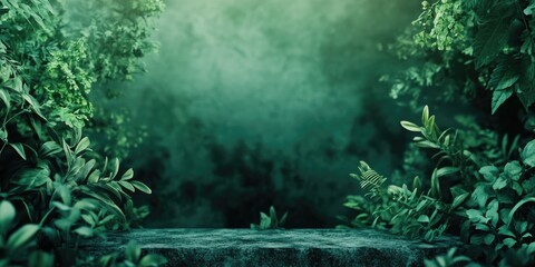 Poster - Elegant deep forest green background with lush foliage for product showcase featuring ample space for text and branding elements