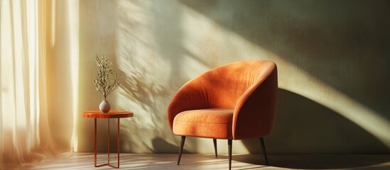 Fototapete - Moody minimalistic home interior with orange side table and velvet armchair in a soft muted color palette featuring empty space for text.