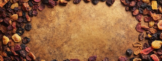 Poster - Dried Fruits Decorative Banner with Blank Space for Text in Top View Close-Up Perspective