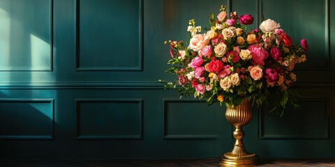 Aufkleber - Luxurious flower arrangement in golden vase against a teal wall with dramatic lighting and ample space for text or branding.