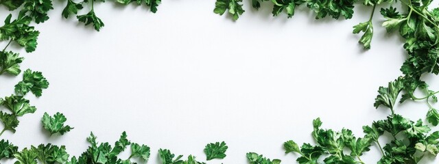 Fototapete - Dried parsley leaves arranged on a white background creating a natural frame with space for text or design elements.