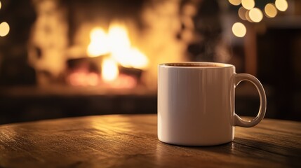 Aufkleber - Cozy Christmas scene with a blank mug on a wooden table by the fireplace surrounded by warm bokeh lights representing winter celebrations