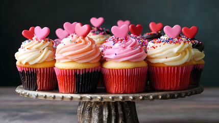 Wall Mural - A vibrant display of assorted Valentine-themed cupcakes topped with candy hearts and sprinkles, arranged on a decorative stand