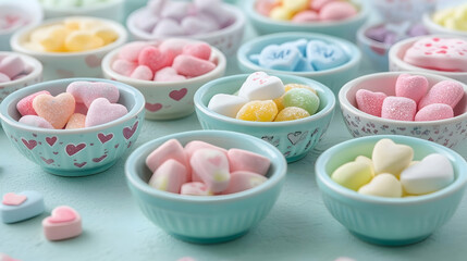 Wall Mural - A vibrant setup of assorted pastel-colored candies displayed in small ceramic dishes with Valentine-themed patterns