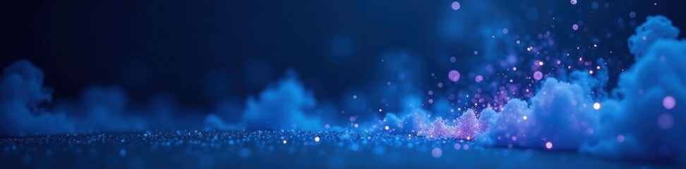 Wall Mural - blue mist with scattered white and purple particles on a dark background, quiet contemplation, peaceful ambiance