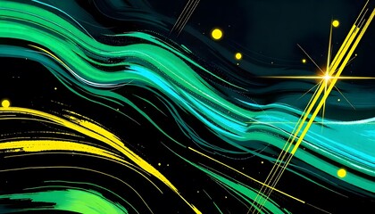 Wall Mural - Abstract artwork featuring dynamic green and yellow flowing lines with a dark background