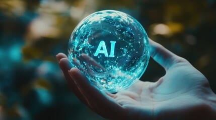Wall Mural - ai crystal ball in hand representing future technology, digital innovation, and artificial intellige