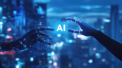 Wall Mural - ai technology, digital interaction and futuristic concept with human and robotic hands reaching out 
