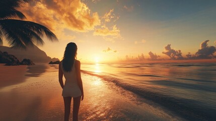 Wall Mural - woman on beach at sunset