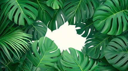 Fototapete - A lush expanse of dense green tropical foliage envelops a pristine white area, forming a vivid and captivating backdrop. This vibrant environment is rich with intricate patterns of leaves, blending to