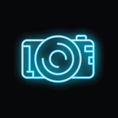 Poster - Blue neon sign of a camera glowing on a black background