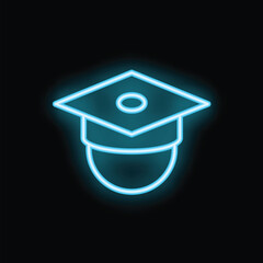 Canvas Print - Blue neon icon of a student wearing a graduation cap, symbolizing academic achievement