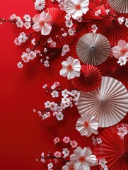 Poster - White flowers on red background with paper fans