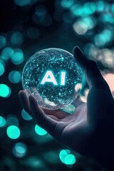 Wall Mural - hand holding a crystal ball with glowing ai letters, symbolizing innovation in artificial intelligen