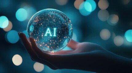 Wall Mural - hand holding a glowing crystal ball with ai symbol, representing artificial intelligence, future tec