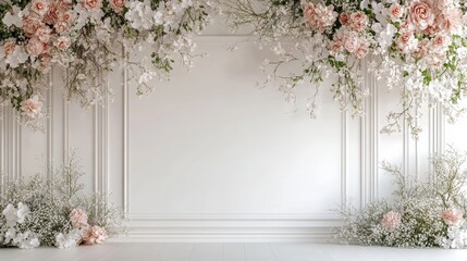 Wall Mural - Maternity backdrop, wedding backdrop, photography background with delicate flowers and white wall