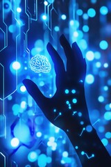 Wall Mural - hand reaching for digital brain representation, highlighting artificial intelligence, technology adv