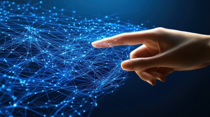 Wall Mural - hand reaching out to touch a digital network, symbolizing connection, technology integration, and da