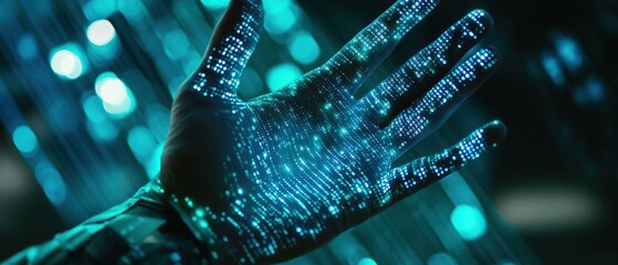 Wall Mural - hand, technology and digital data visualization with glowing circuits, representing innovation, arti