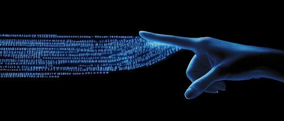 Wall Mural - hand, touch and digital data visualization with binary code flow, symbolizing technology, innovation