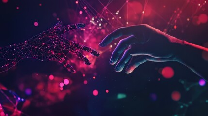 Wall Mural - hands of human and robotic representation reaching toward each other in a vibrant digital landscape,