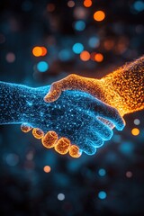 Wall Mural - handshake between two glowing hands representing partnership, collaboration, and unity in technology