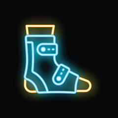 Poster - Neon sign representing an orthopedic boot, commonly used for foot and ankle injuries, glowing on a black background