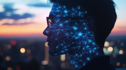Wall Mural - man with digital neural network projection on face at sunset, representing technology, ai developmen