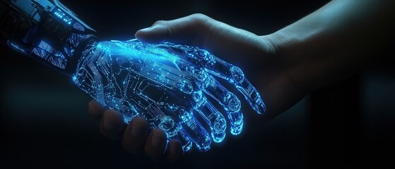 Wall Mural - robot and human hands meeting in a symbolic gesture of partnership, representing advanced technology