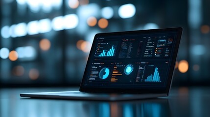 Clean and Minimalistic Data Dashboard Interface on Laptop Computer with Abstract Blue Glow