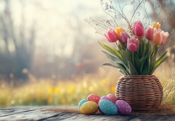 Wall Mural - A beautiful arrangement of tulips in a basket with colorful Easter eggs on a wooden table.