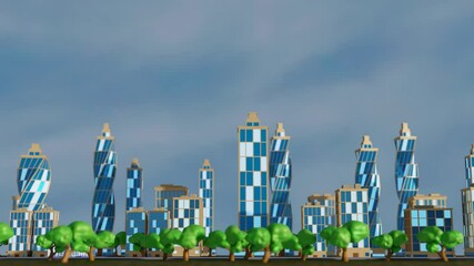 Wall Mural - endless forward movement along the evening city with skyscrapers against the blue sky. looped animation 3d render side view