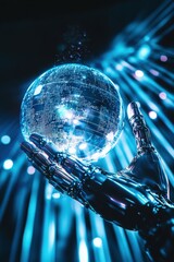 Wall Mural - robot hand holding a glowing globe in a high-tech environment with luminous blue rays, symbolizing a