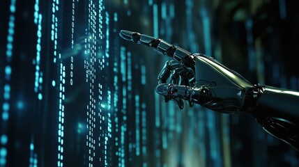 Wall Mural - robot hand interacting with digital data streams of binary code. themes of artificial intelligence, 