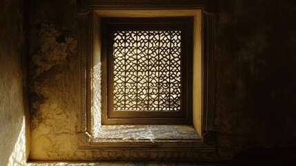 Wall Mural - Intricate Wooden Window with Decorative Patterns and Sunlight Play