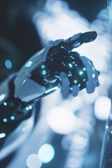 Wall Mural - robotic hand reaching out with glowing blue accents, representing advanced technology and artificial
