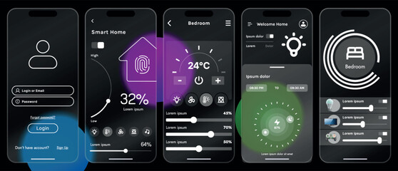 Sleek vector illustration of a smart home app interface displayed on a smartphone. The design features a glass base, modern icons and controls.