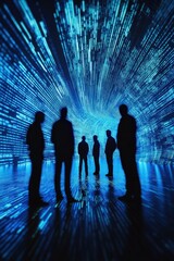 Wall Mural - silhouetted business professionals discussing digital data in a futuristic setting with abstract lig