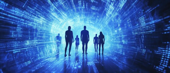 Wall Mural - silhouettes of people in a digital space with abstract light patterns, showcasing technology, innova
