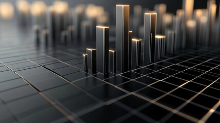 Leinwandbilder - An abstract D bar graph with metal-textured bars on a black grid background, with highlights and shadows creating depth and a high-tech feel