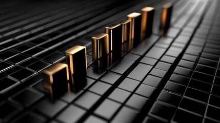 Leinwandbilder - An abstract D bar graph with metal-textured bars on a black grid background, with highlights and shadows creating depth and a high-tech feel