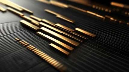 Poster - An abstract D bar graph with metal-textured bars on a black grid background, with highlights and shadows creating depth and a high-tech feel