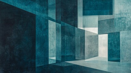 Poster - An abstract background with overlapping transparent squares in shades of blue, creating a modern, minimalist feel with clean lines and depth